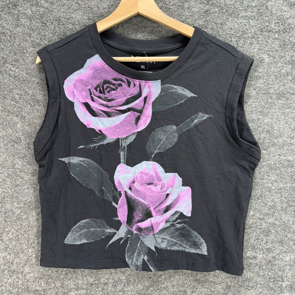 New Vinyl Icons Cropped Top Women XL Black Floral Sleeveless Crew Neck Cotton